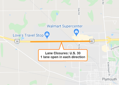Lane closure scheduled for U.S. 30 near Plymouth